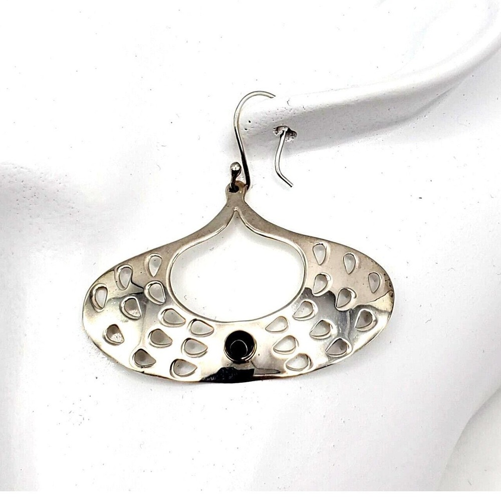 Taxco Earrings 925 Sterling Silver Black Onyx Openwork Dangle Modernist Deco Vtg